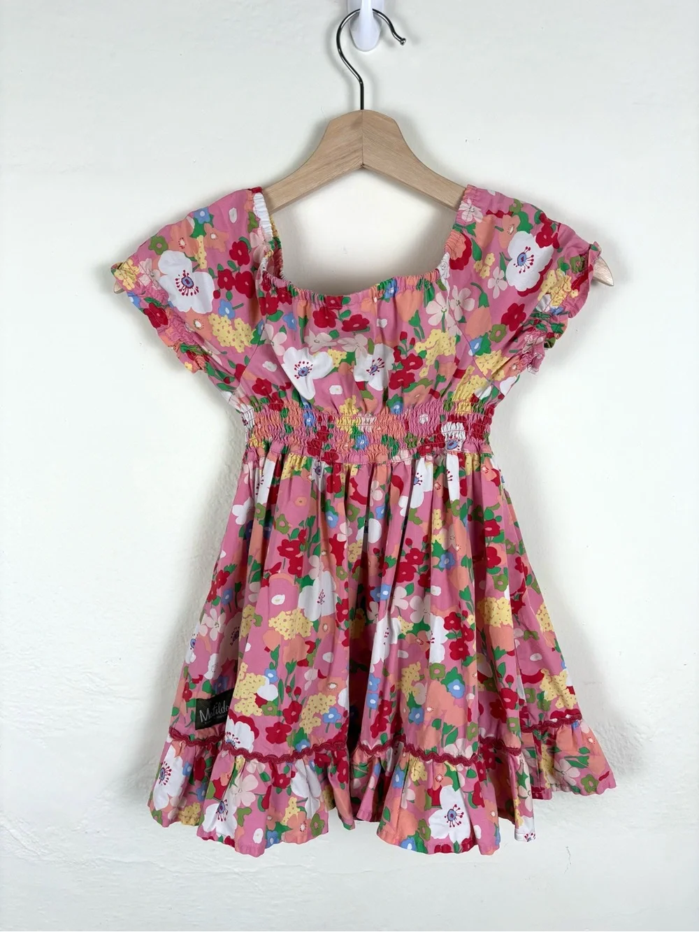 Matilda Jane Girls Size 4 Pink Floral Smocked Square Neck Ruffle Hem Dress